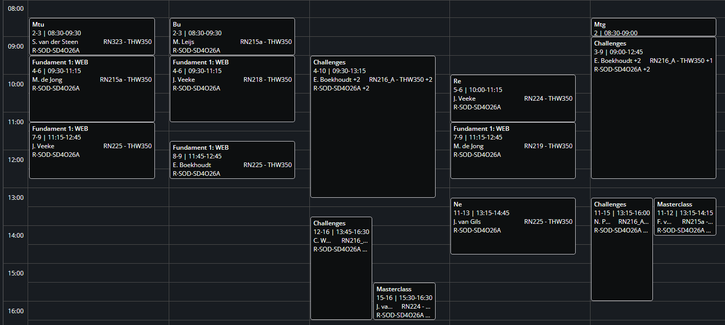 Voorbeeld van een weekrooster van de opleiding Software Developer